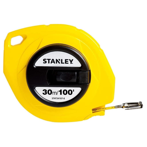 Thước dây cuộn thép Stanley Steel Long Tape STHT34107-8 vỏ nhựa ABS màu vàng đen có tay quay cuộn gọn và móc đầu có gai