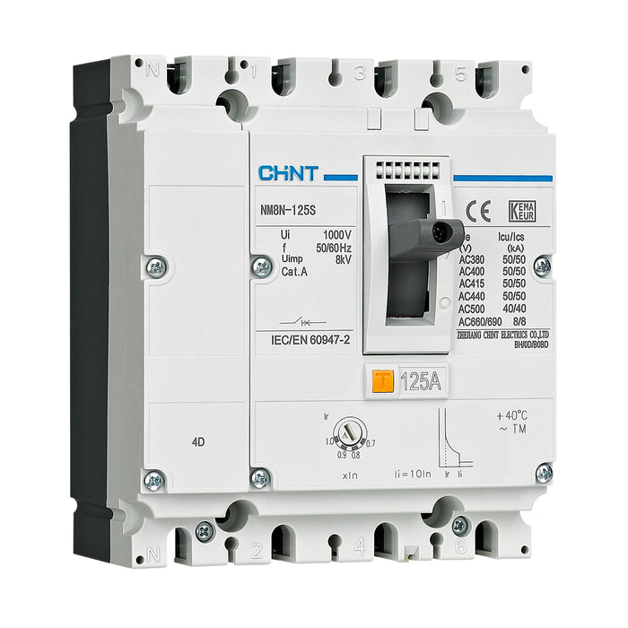 Cầu dao tự động dạng khối (MCCB) có thể điều chỉnh từ nhiệt TM (0.7 - 1.0) Chint NM8N series, tải danh từ định từ 16A ~ 1600A, Icu cấp S. Tiêu chuẩn quốc tế