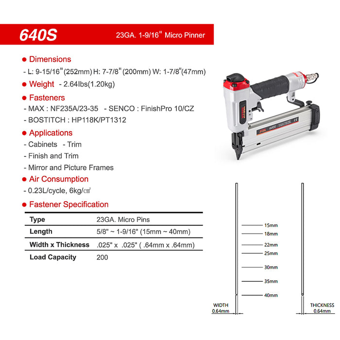 Máy bắn đinh chỉ trơn dùng khí nén JITOOL 640S, kích thước đinh 15mm - 40mm, cỡ đinh 23Ga