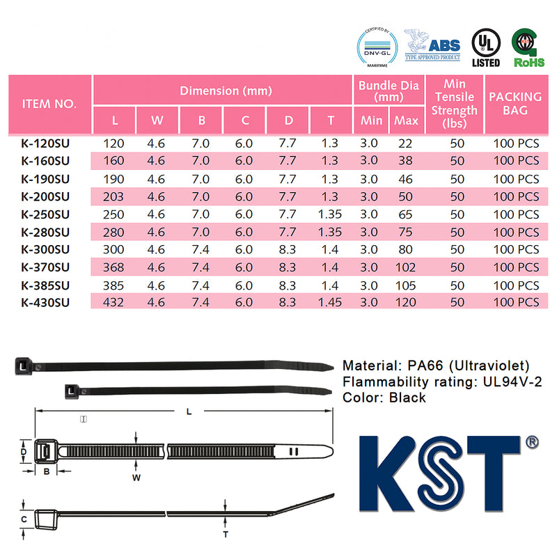 Dây rút nhựa đen KST cao cấp chống tia UV và chịu thời tiết khắc nghiệt, tiêu chuẩn quốc tế, dài 120mm -430mm, bản rộng 4.6mm (Size S)