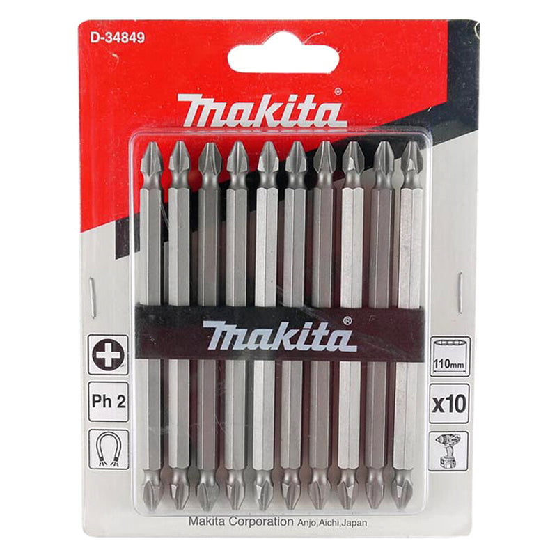 Vĩ 10 mũi vít bake 2 đầu Makita D-34849 kích thước PH2 x 110mm, đuôi lục giác 6.35mm (1/4 inch)