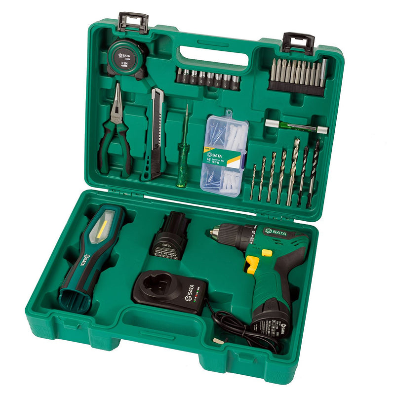 Bộ dụng cụ SATA 51007: Máy khoan pin 12V, 88 chi tiết, động cơ không chổi than, kèm đèn.