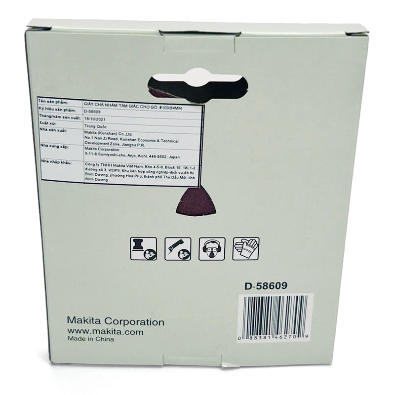 Hộp 10 giấy nhám tam giác đục lỗ 93mm Makita dòng sản phẩm kinh tế cho gỗ, kim loại và tẩy sơn bề mặt dùng với đế gai (B-65115) cho các máy cắt rung ( Cấp 3 sao )