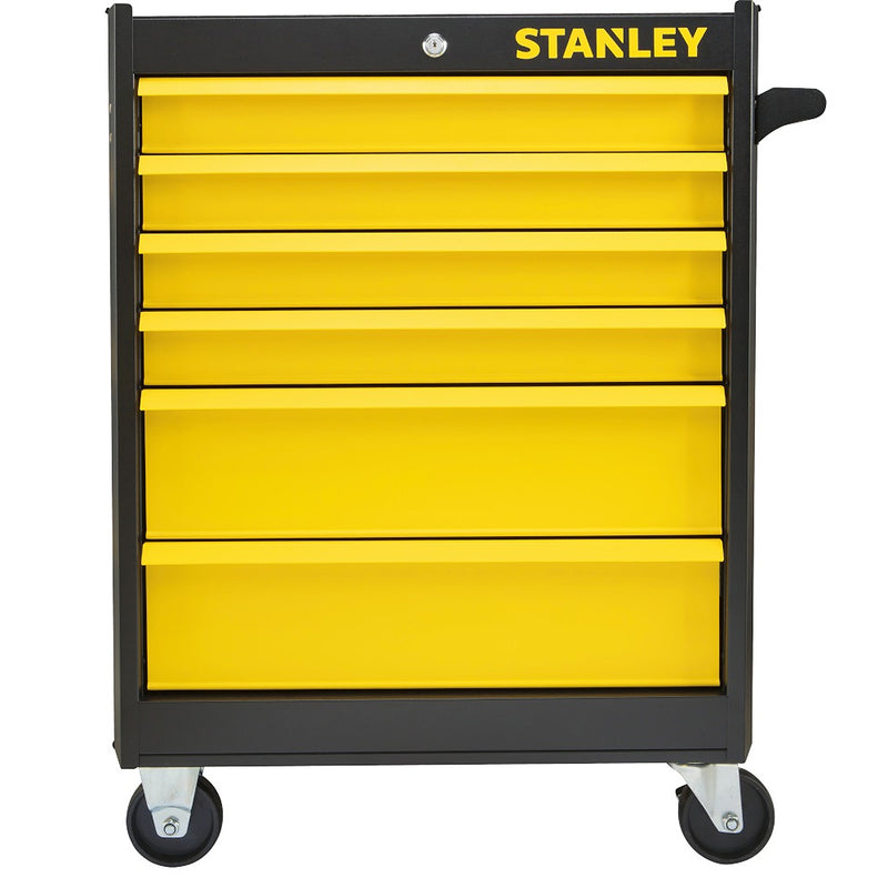 Tủ đựng dụng cụ 6 ngăn kéo Stanley STST74320-8 sơn mờ màu vàng đen kèm khóa trung tâm, tấm bên đục lỗ và bánh xe xoay