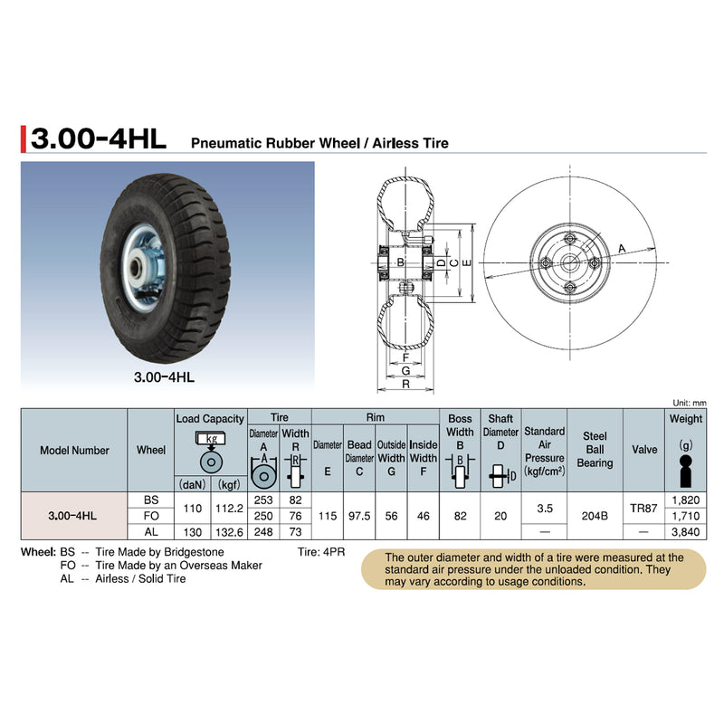 Bánh xe rời Ukai 3.00-4HL bánh cao su dùng hơi và bánh đặc, đường kính từ 248mm - 253mm