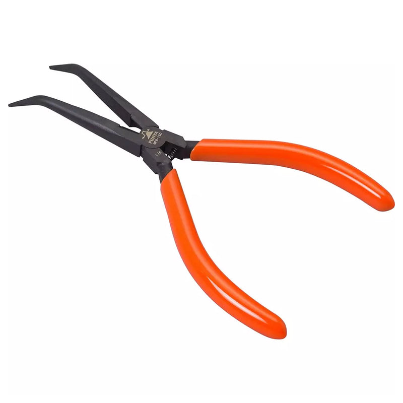 Kìm mũi siêu nhọn Fujiya ATR150-SB 150mm dáng cong 150° thép mạ đen, cán nhựa cam có lò xo trợ lực.