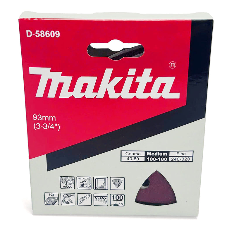 Hộp 10 giấy nhám tam giác đục lỗ 93mm Makita dòng sản phẩm kinh tế cho gỗ, kim loại và tẩy sơn bề mặt dùng với đế gai (B-65115) cho các máy cắt rung ( Cấp 3 sao )
