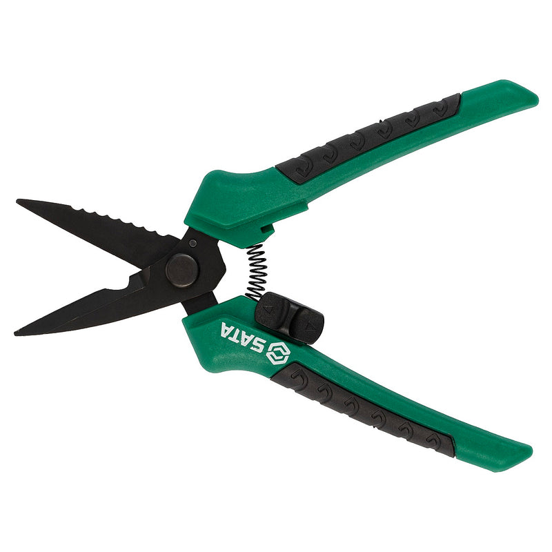 Kéo cắt tỉa cành lưỡi thẳng SATA 23102 thép SK5 chống gỉ sét, có chức năng cắt dây, khóa an toàn tiện lợi, 195mm.