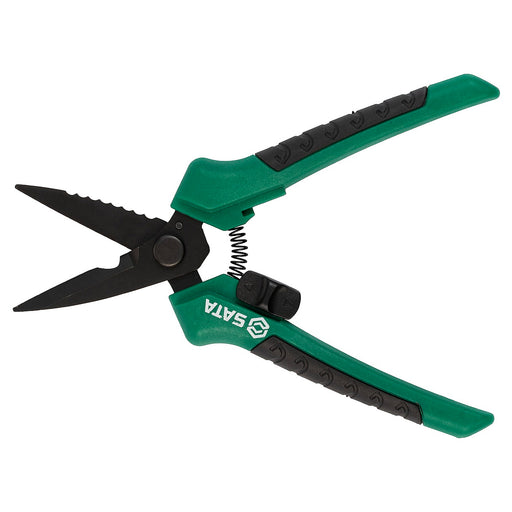 Kéo cắt tỉa cành lưỡi thẳng SATA 23102 thép SK5 chống gỉ sét, có chức năng cắt dây, khóa an toàn tiện lợi, 195mm.