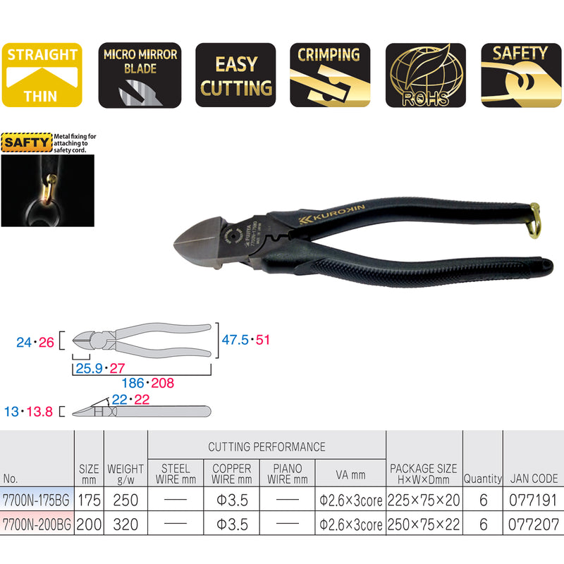 Kìm cắt chéo lực đòn bẩy có chức năng bấm cosse Fujiya 7700N-175BG/200BG Kurokin-Series, kích thước từ 175mm - 200mm. Tiêu chuẩn RoHS