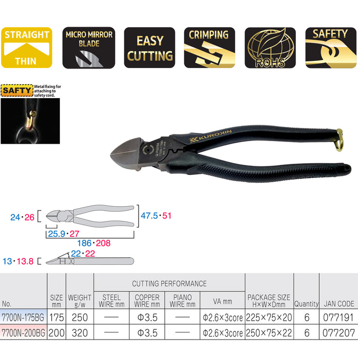 Kìm cắt chéo lực đòn bẩy có chức năng bấm cosse Fujiya 7700N-175BG/200BG Kurokin-Series, kích thước từ 175mm - 200mm. Tiêu chuẩn RoHS