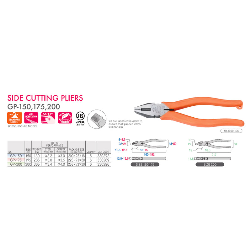 Kìm cắt cạnh Fujiya GP Series (GP-150, GP-175, GP-200) bền bỉ, lưỡi sắc bén, tay cầm chống trượt.
