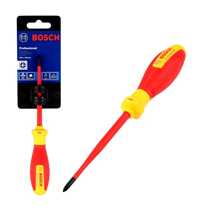 Tua vít bake PH1 x 100mm cách điện 1000V chuẩn VDE Bosch 1600A02NB8 thiết kế công thái học, vật liệu thép S2