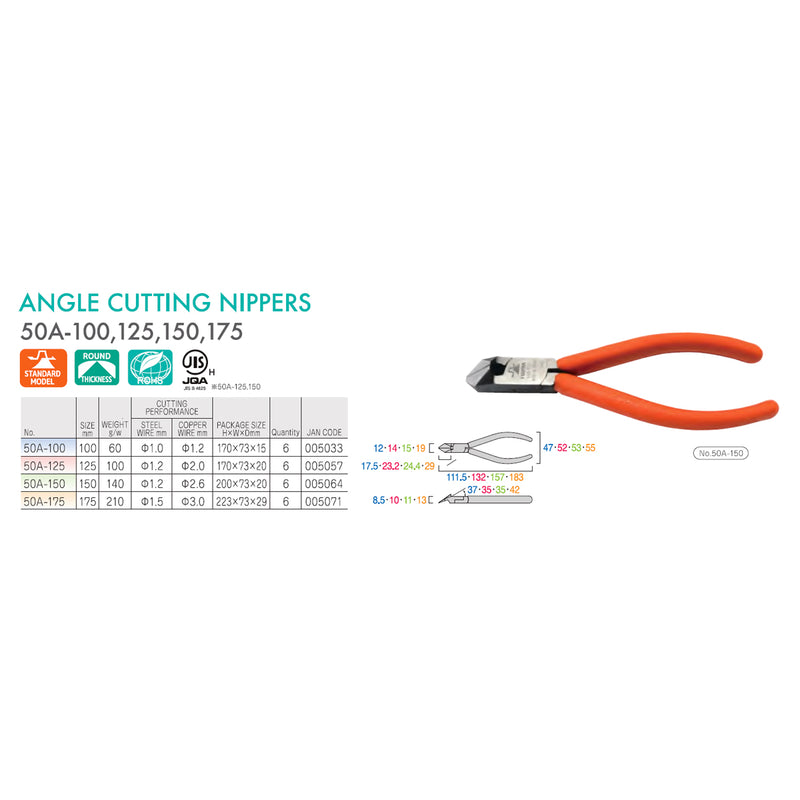 Kìm cắt góc nghiêng 35°, lưỡi cong nhẹ Fujiya 50A Series kích thước từ 100mm - 175mm