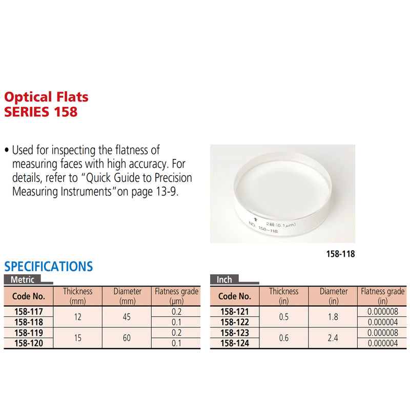 Thấu kính căn mẫu quang học độ chính xác cao Mitutoyo (Optical Flatness) - Series 158, kiểm tra độ phẳng