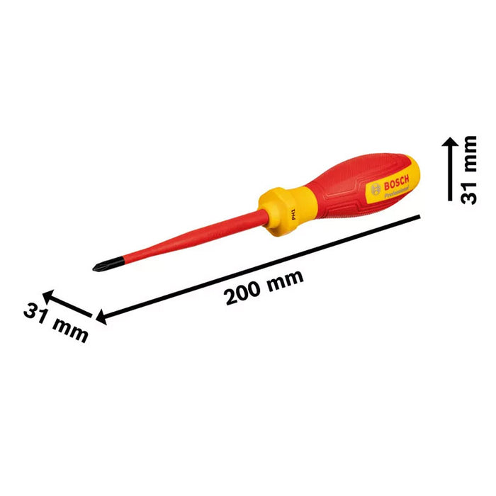 Tua vít bake PH1 x 100mm cách điện 1000V chuẩn VDE Bosch 1600A02NB8 thiết kế công thái học, vật liệu thép S2