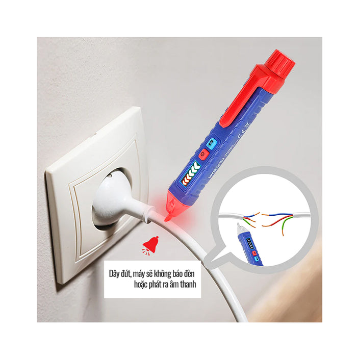 Bút thử điện cảm ứng Workpro WP295004 tích hợp đèn LED chiếu sáng, dãi đo từ 12V/AC - 1000V/AC, đèn báo 2 màu và âm thanh cảnh báo.