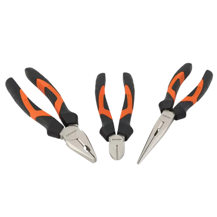 Bộ kìm 3 chi tiết (Kìm răng - Kìm cắt - Kìm nhọn) Kendo 85101 vật liệu thép carborn mạ nickel