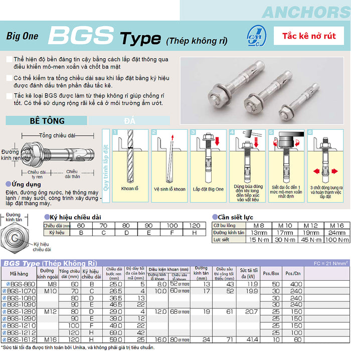 Tắc kê nở rút BGS-Type hệ mét Unika, chất liệu thép không gỉ, chuyên dùng cho bê tông và đá. Chứng nhận JCAA