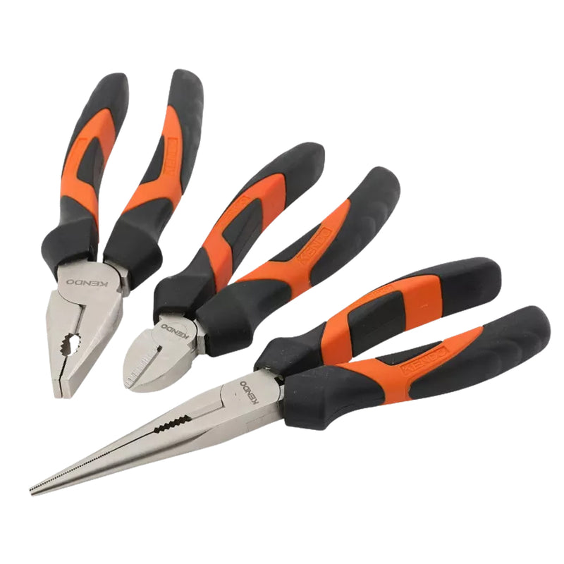 Bộ kìm 3 chi tiết (Kìm răng - Kìm cắt - Kìm nhọn) Kendo 85101 vật liệu thép carborn mạ nickel