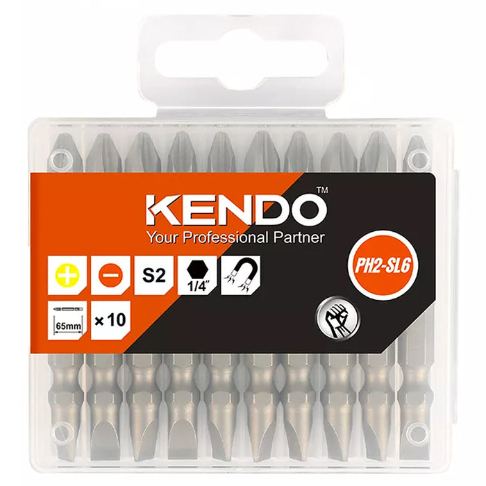 Bộ 10 mũi vít 2 đầu bằng thép S2 Kendo 25404732, kích thước PH2 - SL6 x 65mm
