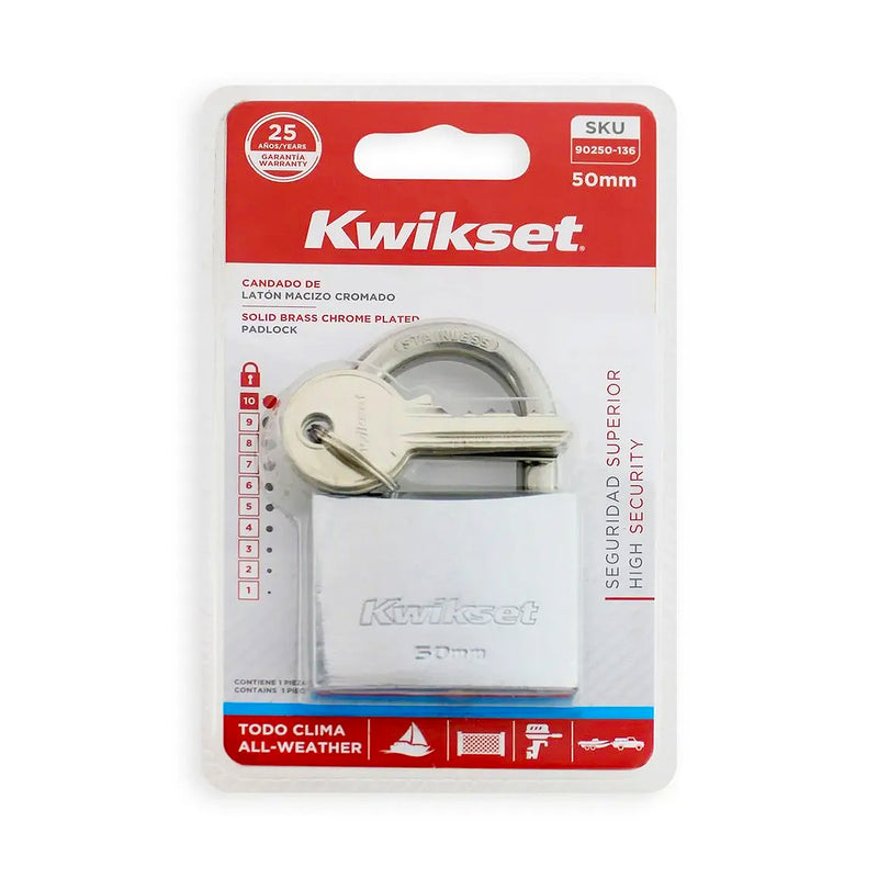 Ổ khoá treo đồng, càng bấm Kwikset phủ chrome bóng, kèm 3 chìa vặn, càng khoá bằng thép cường lực chống cưa cắt