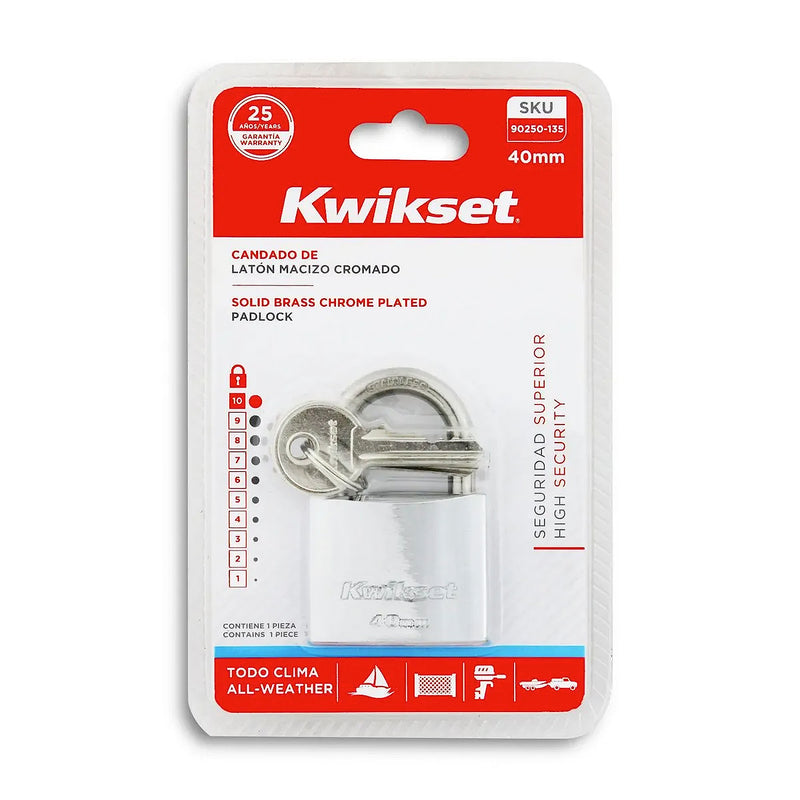Ổ khoá treo đồng, càng bấm Kwikset phủ chrome bóng, kèm 3 chìa vặn, càng khoá bằng thép cường lực chống cưa cắt