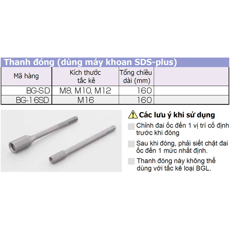 Ti đóng tắc kê BGS-Type, dùng cho kích thước tắc kê từ M8 - M16, chiều dài 160mm