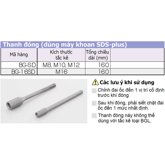 Ti đóng tắc kê BGS-Type, dùng cho kích thước tắc kê từ M8 - M16, chiều dài 160mm