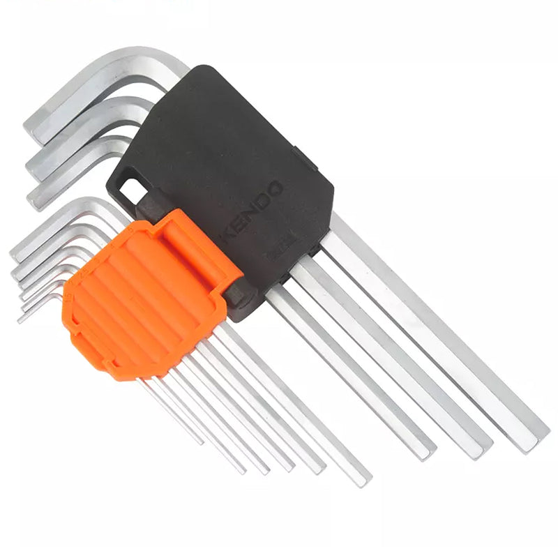 Bộ lục giác đầu thẳng chữ L 9 chi tiết Kendo thân tiêu chuẩn - siêu dài, kích thước từ 1.5mm - 10mm, vật liệu thép Cr-V