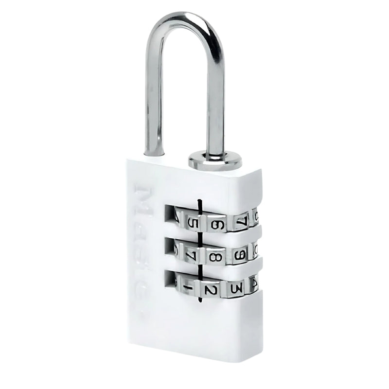 Ổ khóa số mini Master Lock 7620EURDWHI, thân khóa bằng nhôm nguyên khối phủ sơn trắng 20mm, 3 cọc số
