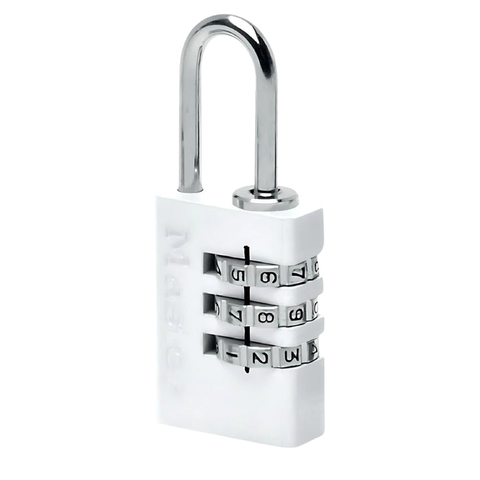 Ổ khóa số mini Master Lock 7620EURDWHI, thân khóa bằng nhôm nguyên khối phủ sơn trắng 20mm, 3 cọc số