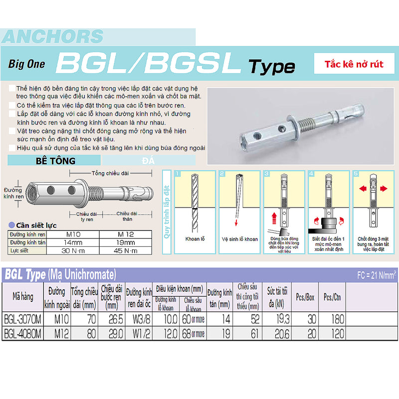 Tắc kê nở rút BGL-Type hệ mét Unika, chất liệu mạ Unichromate, chuyên dùng cho bê tông và đá