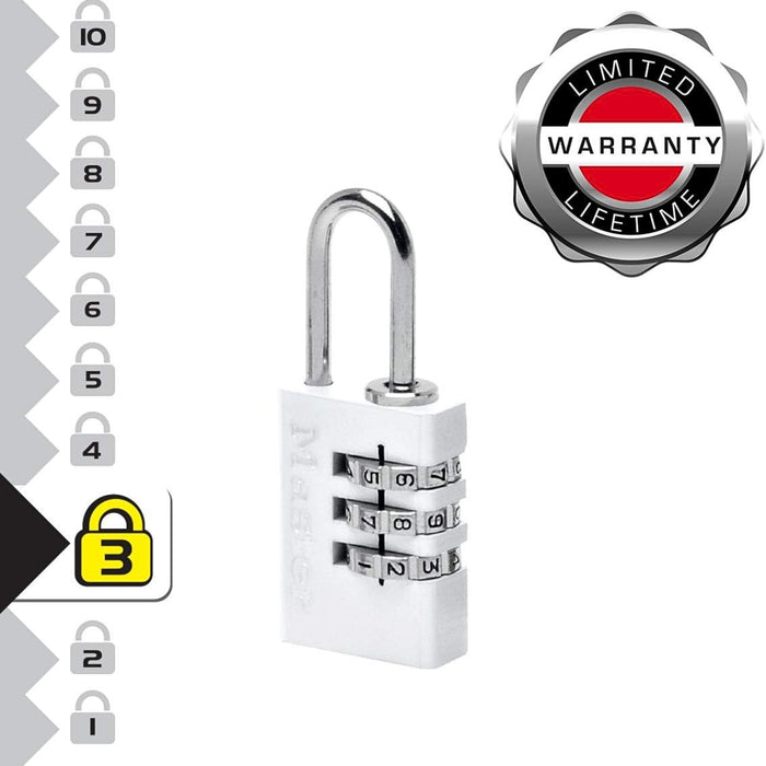 Ổ khóa số mini Master Lock 7620EURDWHI, thân khóa bằng nhôm nguyên khối phủ sơn trắng 20mm, 3 cọc số