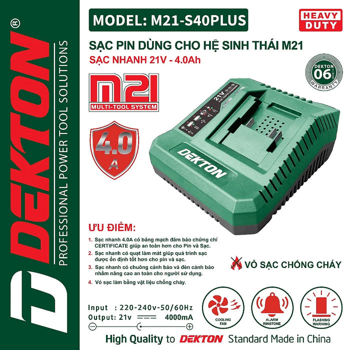 Đế sạc nhanh 21V Dekton M21-S40PLUS (4.0A) vỏ sạc chống cháy