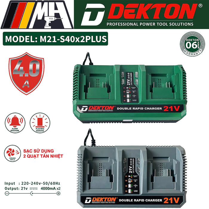 Đế sạc nhanh đôi 21V Dekton M21-S40x2PLUS (4.0A) vỏ sạc chống cháy