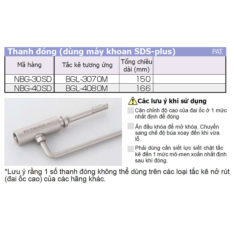 Ti đóng dùng cho tắc kê nở rút BGL-Type Unika (Dùng máy khoan SDS-Plus)