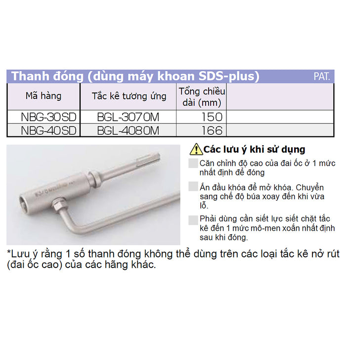 Ti đóng dùng cho tắc kê nở rút BGL-Type Unika (Dùng máy khoan SDS-Plus)