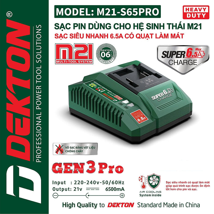 Đế sạc nhanh 21V Dekton M21-S65PRO (6.5A) vỏ sạc chống cháy
