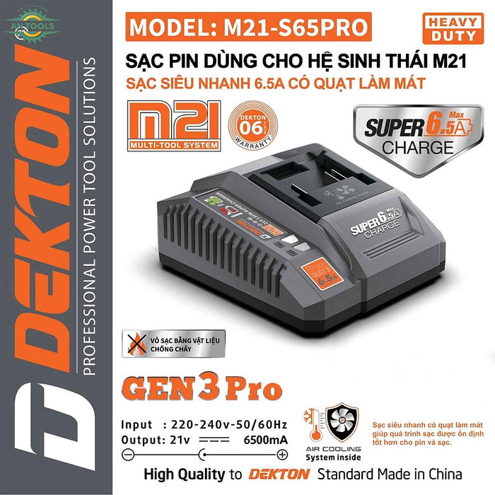 Đế sạc nhanh 21V Dekton M21-S65PRO (6.5A) vỏ sạc chống cháy