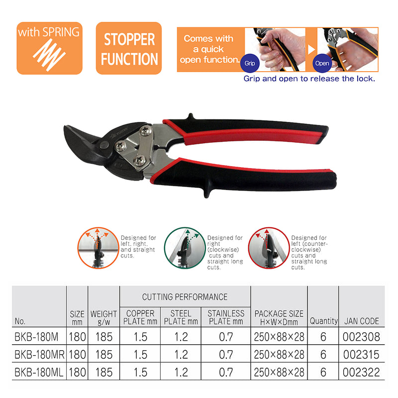 Kéo cắt tôn mũi cong trái 180mm (7 inch) Fujiya BKB-180ML, chất liệu thép hợp kim cao cấp. Xuất xứ Đài Loan