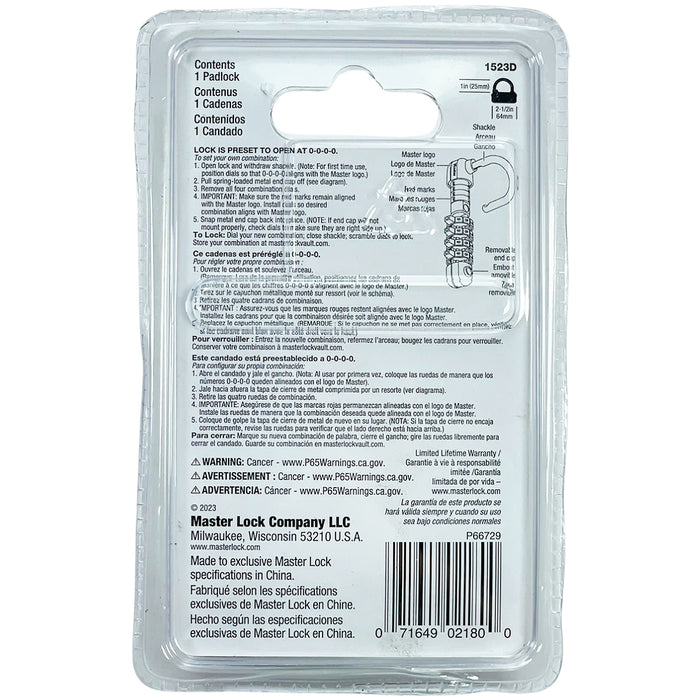 Ổ khóa số Master Lock 1523D cao cấp, thân khóa bằng kim loại rộng 64mm, 4 cọc số nhiều màu sắc