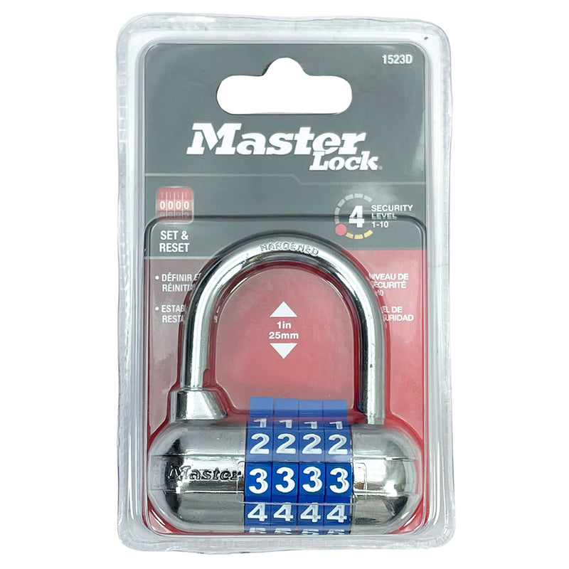 Ổ khóa số Master Lock 1523D cao cấp, thân khóa bằng kim loại rộng 64mm, 4 cọc số nhiều màu sắc