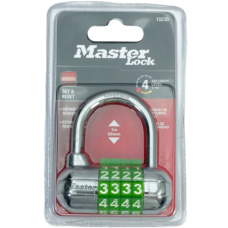 Ổ khóa số Master Lock 1523D cao cấp, thân khóa bằng kim loại rộng 64mm, 4 cọc số nhiều màu sắc