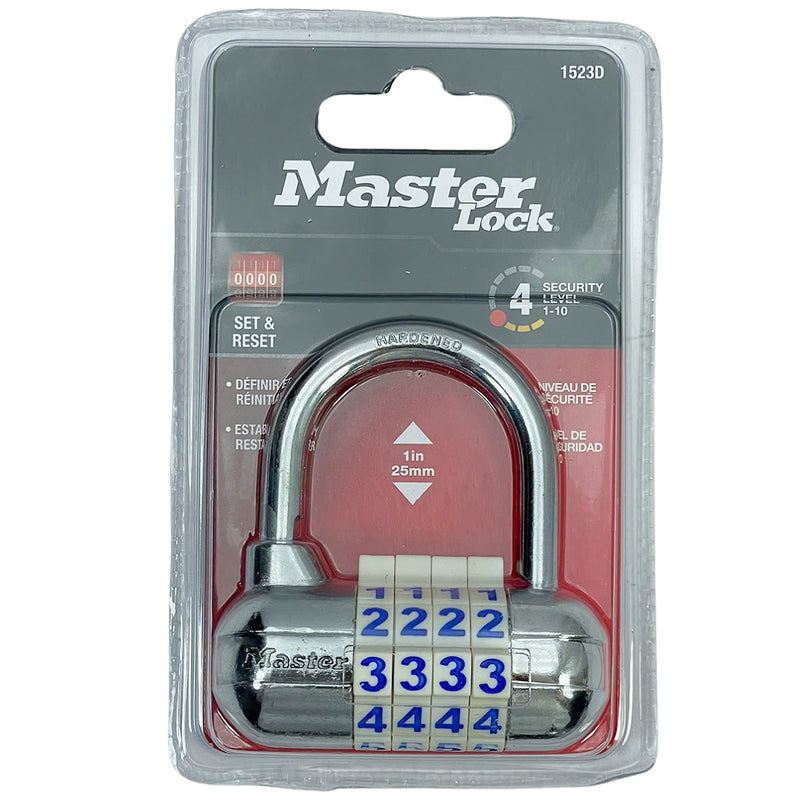 Ổ khóa số Master Lock 1523D cao cấp, thân khóa bằng kim loại rộng 64mm, 4 cọc số nhiều màu sắc