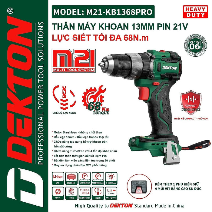 Máy khoan động lực dùng pin 21V Dekton M21-KB1368PRO, lực siết 68Nm, đầu cặp 10mm