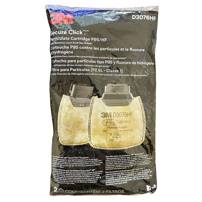 Túi 2 tấm lọc bụi P95 và khí Hydrogen Fluoride (HF) hỗ trợ giảm mùi Axit mức thấp 3M Secure Click D3076HF dùng cho mặt nạ phòng độc HF-800 Series
