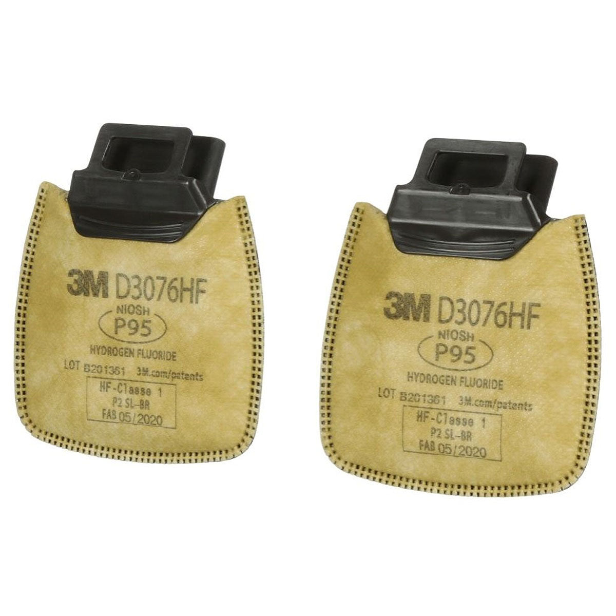 Túi 2 tấm lọc bụi P95 và khí Hydrogen Fluoride (HF) hỗ trợ giảm mùi Axit mức thấp 3M Secure Click D3076HF dùng cho mặt nạ phòng độc HF-800 Series