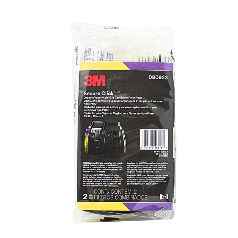 Túi 2 phin lọc khí hữu cơ, khí Axit và bụi hạt P100 3M Secure Click D80923 dùng cho mặt nạ phòng độc HF-800 Series