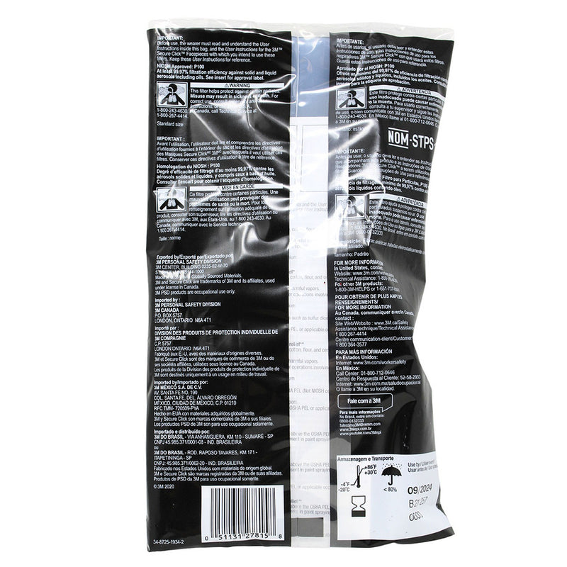 Túi 2 tấm lọc bụi P100 và chống khí Ozone 3M Secure Click D3096 dùng cho mặt nạ phòng độc HF-800 Series